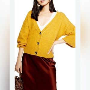 Topshop Mustard Yellow Cropped Button Down Cardigan Balloon Sleeves Chunky Boxy